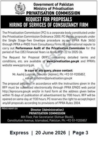 Newspaper clipping: Privatisation Commission RFP: Consultancy Firm for Performance Audit (FY 2021-22 to 2025-26), Express, 20 Jun 2026