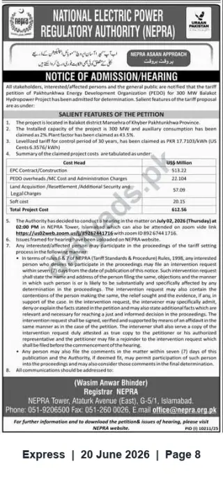 Newspaper clipping: NEPRA Hearing: PEDO 300 MW Balakot Hydropower Tariff Petition — Hearing on 2026-07-02, Express, 20 Jun 2026