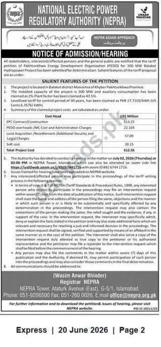 Newspaper clipping: NEPRA Hearing Notice — Tariff Petition for 300 MW Bakalot Hydropower Project (PEDO), Express, 20 Jun 2026