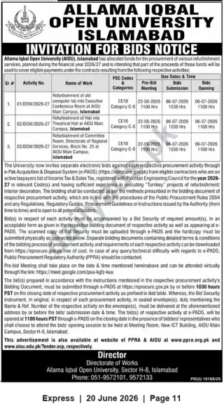 Newspaper clipping: AIOU Islamabad Invitation for Bids — Refurbishment Works (Pre-bid 2026-06-22, Close 2026-07-06), Express, 20 Jun 2026