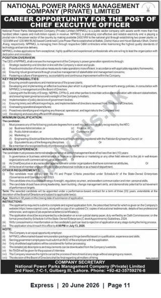 Newspaper clipping: Chief Executive Officer (CEO) — National Power Parks Management Company (NPPMCL), Express, 20 Jun 2026
