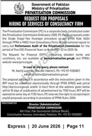 Newspaper clipping: Request for Proposals: Performance Audit of Privatisation Commission (2021-22 to 2025-26), Express, 20 Jun 2026