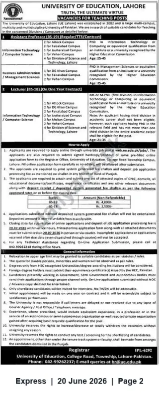 Newspaper clipping: University of Education, Lahore — Vacancies for Assistant Professors (BS-19) & Lecturers (BS-18) in IT and Management Sciences, Express, 20 Jun 2026
