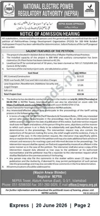 Newspaper clipping: NEPRA Hearing Notice — PEDO 300 MW Balakot Hydropower Tariff Petition (Hearing on 2026-07-02), Express, 20 Jun 2026