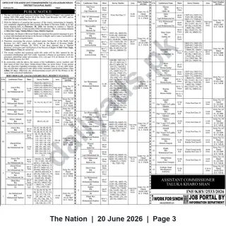 Newspaper clipping: Public Notice — Special Revision of Record of Rights (Land Records) for Taluka Kharochan, District Sujawal, The Nation, 20 Jun 2026