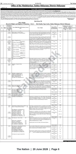 Newspaper clipping: Public Notice: Record of Rights & Register of Mutations — Deh Ghahlo, Taluka Shikarpur, The Nation, 20 Jun 2026