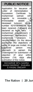 Newspaper clipping: Public Notice: Application for Succession Certificate / Letter of Administration for Salman, The Nation, 20 Jun 2026