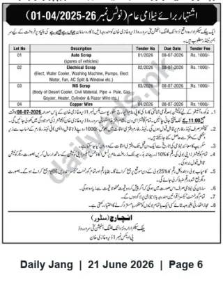 Newspaper clipping: Tender Notice: Sale of Auto, Electrical, MS and Copper Scrap — Due 2026-07-08, Jang, 21 Jun 2026