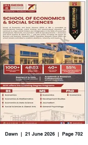Newspaper clipping: School of Economics & Social Sciences (SESS) — Degree Programs in Economics, Development, Journalism, Dawn, 21 Jun 2026