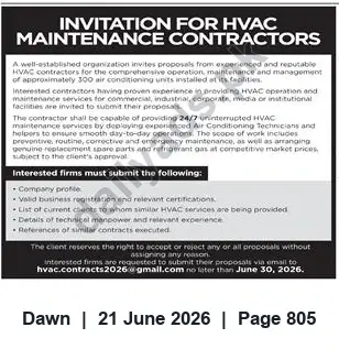 Newspaper clipping: Tender: HVAC Operation & Maintenance Contract for ~300 Air Conditioning Units, Dawn, 21 Jun 2026