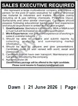Newspaper clipping: Sales Executive Vacancy — 2–4 Years Experience, MS Word & Excel, Dawn, 21 Jun 2026