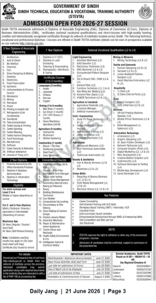 Newspaper clipping: STEVTA Admissions Open for 2026–27 — Diplomas, Certificates & NVQs (Sindh), Jang, 21 Jun 2026