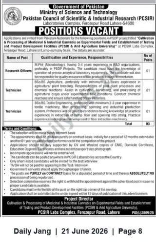 Newspaper clipping: PCSIR Lahore – 3 Contract Positions for Cannabis Cultivation & Processing Project (Research Officer & Technicians), Jang, 21 Jun 2026