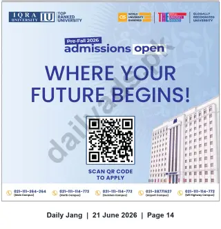 Newspaper clipping: Iqra University — Pre-Fall 2026 Admissions Open (Scan QR to Apply), Jang, 21 Jun 2026