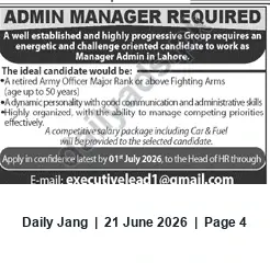 Newspaper clipping: Admin Manager (Retired Army Officer) — Lahore — Apply by 2026-07-01, Jang, 21 Jun 2026
