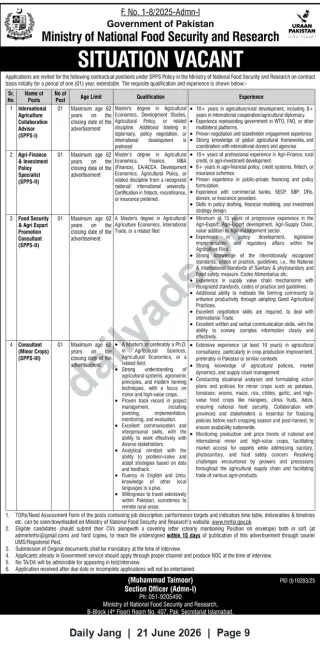 Newspaper clipping: Ministry of National Food Security & Research — Contractual Vacancies (SPPS I–III), Jang, 21 Jun 2026