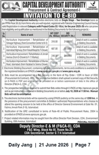 Newspaper clipping: CDA Invitation to E-Bid for Horticulture Improvement / Rehabilitation Works on Major Islamabad Corridors, Jang, 21 Jun 2026