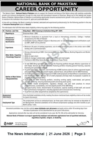 Newspaper clipping: National Bank of Pakistan — Wing Head, SME Financing & Collection (VP/SVP) — Karachi, The News International, 21 Jun 2026