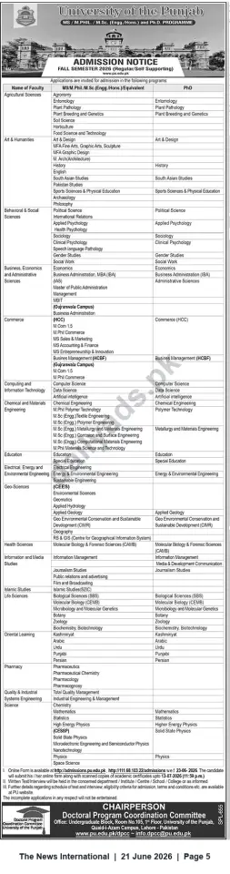 Newspaper clipping: University of the Punjab — MS/M.Phil/M.Sc.(Engg.)/PhD Admissions Fall Semester 2026, The News International, 21 Jun 2026