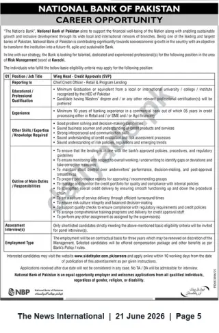 Newspaper clipping: National Bank of Pakistan — SVP/Wing Head, Credit Approvals (Risk Management) — Karachi, The News International, 21 Jun 2026