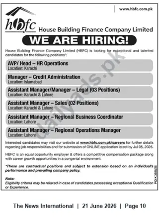 Newspaper clipping: HBFC Careers — Multiple Positions in Karachi, Lahore & Islamabad | Apply by 2026-07-05, The News International, 21 Jun 2026