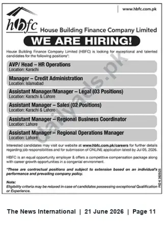 Newspaper clipping: HBFC Hiring: AVP/Head HR, Credit, Legal, Sales & Regional Roles — Apply by 2026-07-05, The News International, 21 Jun 2026