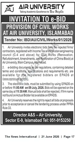 Newspaper clipping: Air University Islamabad e-Bid: Civil Works (Renovation/Refurbishment of China Block) - Tender IBD/AU/CIVIL/Works/01/2026, The News International, 21 Jun 2026