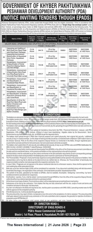 Newspaper clipping: PDA (Peshawar Development Authority) - Notice Inviting Tenders for Upgrading, Rehabilitation & Beautification of Major Roads (Phase I-B), The News International, 21 Jun 2026