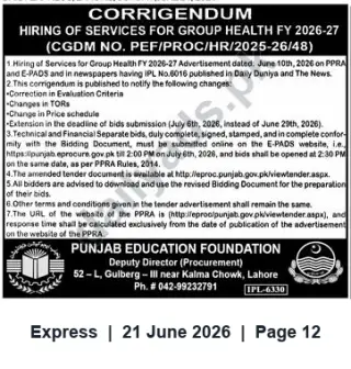 Newspaper clipping: Corrigendum: Hiring of Group Health Services FY 2026-27 — Punjab Education Foundation (PEF/PROC/HR/2025-26/48), Express, 21 Jun 2026