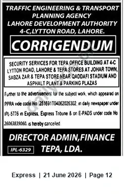 Newspaper clipping: Corrigendum: Cancellation of Tender for Security Services — TEPA, LDA (Lahore), Express, 21 Jun 2026