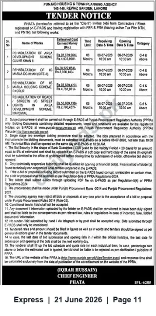 Newspaper clipping: Tender Notice — Punjab Housing & Town Planning Agency: Rehabilitation Works (Multiple Packages), Express, 21 Jun 2026