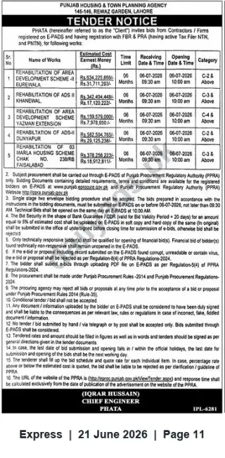 Newspaper clipping: PHATA Tender Notice: Rehabilitation Works (Bid Closing 2026-07-06), Express, 21 Jun 2026