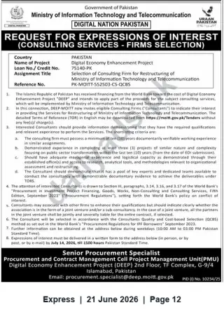 Newspaper clipping: Request for Expressions of Interest — Consulting Firms for Restructuring Ministry of IT & Telecommunications (Digital Economy Enhancement Project), Express, 21 Jun 2026