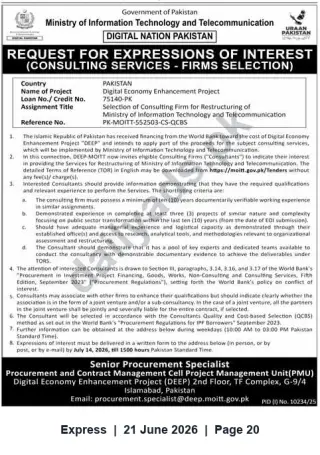 Newspaper clipping: EOI: Consulting Firm for Restructuring Ministry of IT & Telecommunication — Digital Economy Enhancement Project (DEEP), Express, 21 Jun 2026