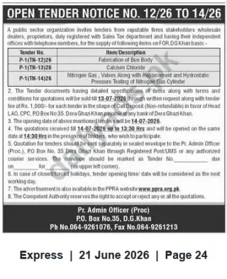 Newspaper clipping: Open Tenders No. 12/26–14/26 — Bus Body Fabrication, Calcium Chloride, Nitrogen Gas Services (Dera Ghazi Khan), Express, 21 Jun 2026