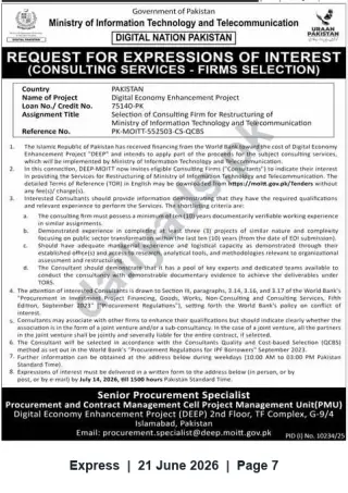 Newspaper clipping: EOI: Consulting Firm for Restructuring Ministry of IT & Telecommunication — Digital Economy Enhancement Project, Express, 21 Jun 2026