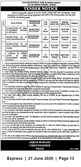 Newspaper clipping: PHATA Tender: Rehabilitation Works in Gujjar Khan, D.G. Khan, Pasrur & Narowal, Express, 21 Jun 2026