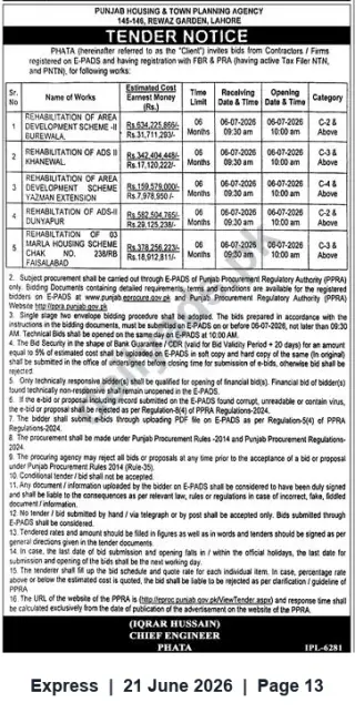 Newspaper clipping: PHATA Tender Notice — Rehabilitation Works (Bids due 2026-07-06, Lahore), Express, 21 Jun 2026