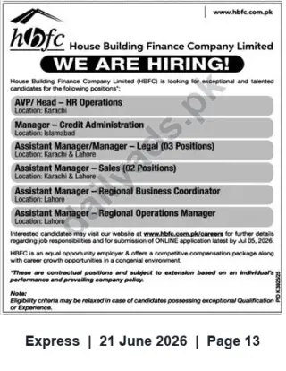 Newspaper clipping: HBFC Careers 2026 — AVP, Managers & Assistant Managers in Karachi, Islamabad & Lahore, Express, 21 Jun 2026