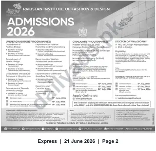 Newspaper clipping: Pakistan Institute of Fashion & Design (PIFD) — Admissions 2026 (Undergraduate, Graduate & PhD), Express, 21 Jun 2026