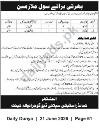 Newspaper clipping: Recruitment Notice for Civil Employees, Dunya, 21 Jun 2026