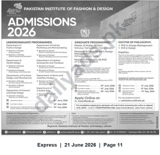 Newspaper clipping: PIFD Admissions 2026 — Undergraduate, Graduate & PhD Programs in Fashion & Design (Lahore), Express, 21 Jun 2026