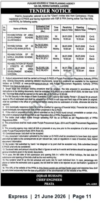 Newspaper clipping: PHATA Tender: Rehabilitation & Development Works in Gujar Khan, D.G. Khan, Pasrur and Narowal, Express, 21 Jun 2026