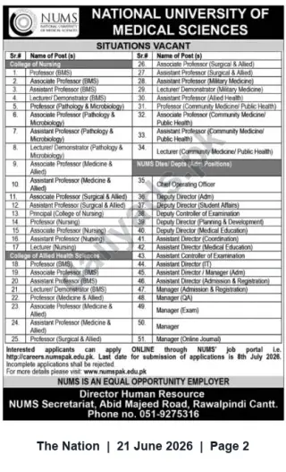 Newspaper clipping: NUMS Vacancies — Faculty and Administrative Positions (Apply by 2026-07-08), The Nation, 21 Jun 2026