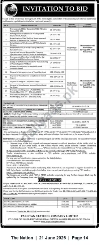 Newspaper clipping: PSO Invitation to Bid — 15 Tender Packages (Sealed e-Bids via SAP Ariba), The Nation, 21 Jun 2026