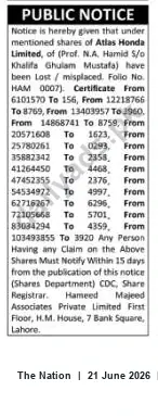Newspaper clipping: Public Notice: Lost/Misplaced Atlas Honda Limited Shares — Claim Within 15 Days, The Nation, 21 Jun 2026