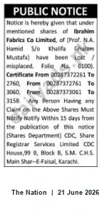 Newspaper clipping: Public Notice: Lost Share Certificates of Ibrahim Fabrics Co. Limited (Prof. N.A. Hamid), The Nation, 21 Jun 2026