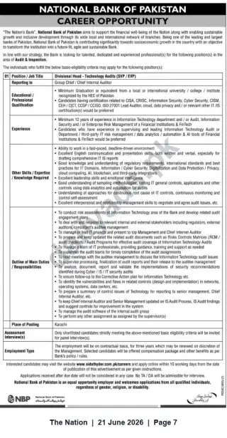 Newspaper clipping: Divisional Head – Technology Audits (SVP/EVP) | National Bank of Pakistan — Karachi, The Nation, 21 Jun 2026