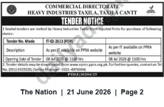 Newspaper clipping: Tender: Purchase of Stores — Heavy Industries Taxila (Tender IT-02-2613), The Nation, 21 Jun 2026