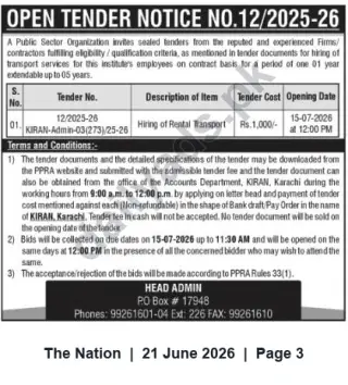 Newspaper clipping: Open Tender No. 12/2025-26 — Hiring of Rental Transport (KIRAN, Karachi), The Nation, 21 Jun 2026